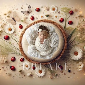 May include: A newborn baby wrapped in a white blanket, nestled in a woven basket. The scene is decorated with daisies, butterflies, ladybugs, and sparkling accents, creating a soft, natural aesthetic. The overall theme is a newborn baby photoshoot.