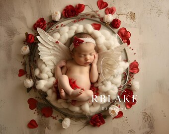 Fondo digital para recién nacidos de San Valentín, fondo de corazón rojo, accesorio romántico para sesión de fotos de bebés, alas de ángel florales, composición de Photoshop, pétalos de rosa