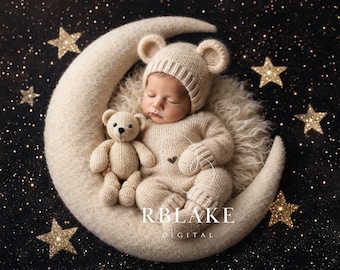 Sfondo digitale con luna per neonati, accessorio fotografico con orsacchiotto, sfondo con notte stellata, composizione neutra crema beige, sovrapposizione Photoshop