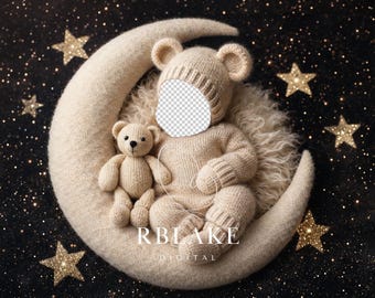 Sfondo digitale con luna per neonati, orsacchiotto per fotografia di bambini, sfondo notte stellata, composizione neutra crema beige, sovrapposizione