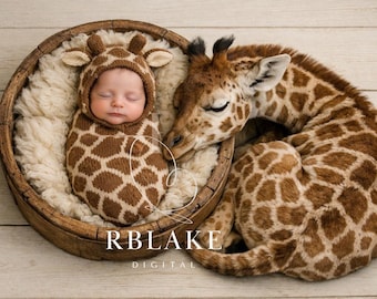 Sfondo digitale con giraffa neonata, cucciolo di animale, sfondo composito safari, cestino di supporto, sovrapposizione Photoshop, neutro, servizio fotografico