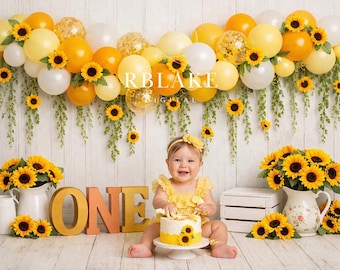 Arco de globos de girasoles, fondo para sesión de fotos de primer cumpleaños (UNO), guirnalda de globos amarillo dorado, sesión de fotos para niña, floral