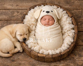 Sfondo digitale per neonati con cestino per cani, sfondo composito per cuccioli di Labrador neonati, sfondo rustico in legno per fotografia di neonati, animale domestico, animale