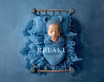 Sfondo digitale blu per neonati, lettino, sfondo per fotografia di bambini, arte composita, morbido sfondo boho con coperta, sovrapposizione Photoshop, servizio fotografico per ragazzi