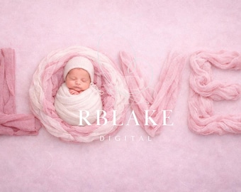Sfondo digitale rosa per neonati LOVE, sfondo composito per bambini, oggetto di scena, cuore, fotografia, servizio fotografico, scandi, boho, cestino per bambina