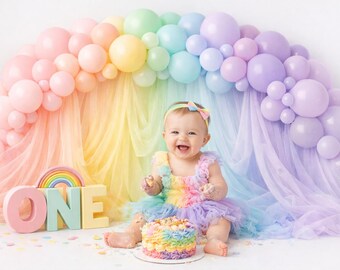 Fondo para sesión de fotos de cumpleaños con arcoíris y globos, fondo pastel para primer cumpleaños, fondo drapeado con el letrero "ONE", accesorio colorido para niña, guirnalda.