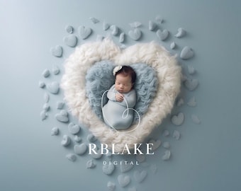Sfondo digitale per neonati azzurro e bianco, sfondo nido a forma di cuore, texture a maglia, accessorio fotografico soffice, composizione Photoshop, stile boho, bambino