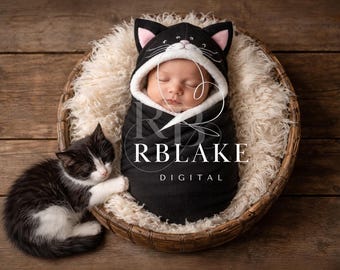 Sfondo digitale per neonati con cestino per gattini, sfondo composito con gatto in bianco e nero, pavimento rustico in legno, accessorio per fotografia di neonati, animale domestico