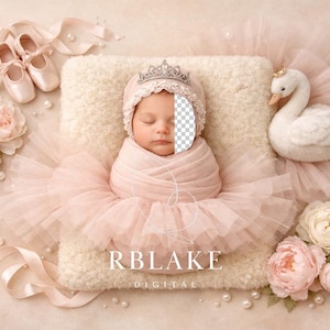 Digital bakgrund för nyfödd ballerina med ansikte, rosa tutu för babyflicka, prinsessuppsättning, balettskor med svanmotiv, kompositbakgrund, pionpärlor