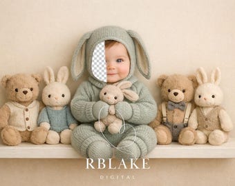 Fondo digital con diseño de conejito para recién nacido, inserción de cara de bebé en azul salvia, configuración de estante neutral, composición de juguete suave, superposición de fondo, niño pequeño