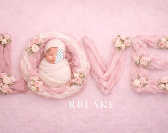 Sfondo digitale rosa con viso di neonato LOVE, sfondo composito per bambini, oggetto di scena, cuore, fotografia, servizio fotografico, scandi, boho ragazza cestino