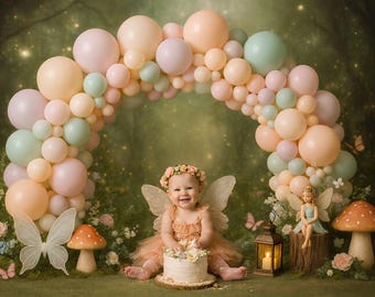 Arco di palloncini fatato, sfondo digitale per servizio fotografico "Cake Smash", sfondo fatato del bosco, ghirlanda di palloncini pastello, servizio fotografico per il primo compleanno di una bambina.