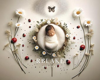 Sfondo digitale floreale per neonati con coccinella, margherita primaverile, fiore composito per bambina, farfalla, fotografia di neonati, servizio fotografico con coccinella