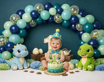 Fondo para sesión de fotos de cumpleaños con temática de dinosaurios, arco de globos para el primer cumpleaños, decoración para sesión de fotos de cumpleaños de niño con pastel, guirnalda verde y azul.