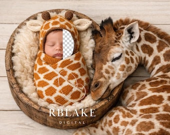 Fondo digital con inserción de cara de jirafa recién nacida, animal bebé, fondo compuesto de safari, cesta, superposición, neutro, sesión de fotos