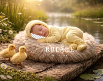 Fondo digital de estanque con patitos recién nacidos, inserción de rostro de bebé, escena de patito amarillo, composición de recién nacidos en primavera, superposición de Photoshop, exterior rústico