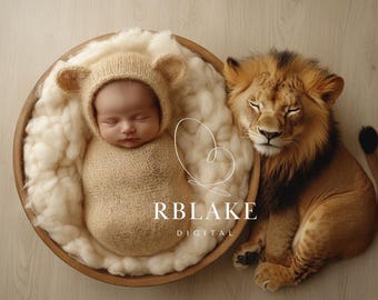 Sfondo digitale con leone neonato, cucciolo di animale, composizione safari neonato, accessorio cestino con leone, sovrapposizione cestino, neutro, fotografia cucciolo