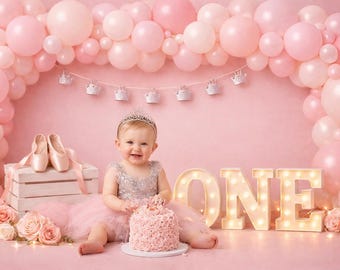 Arco di palloncini rosa, sfondo per servizio fotografico "Cake Smash", sfondo digitale per il primo compleanno a tema balletto, accessorio per servizio fotografico con tutù da principessa, ballerina bambina