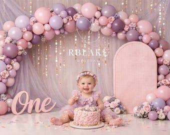 Fondo para sesión de fotos con arco de globos rosa lavanda, fondo digital floral para primer cumpleaños, primer cumpleaños de niña, guirnalda de globos pastel, UNO