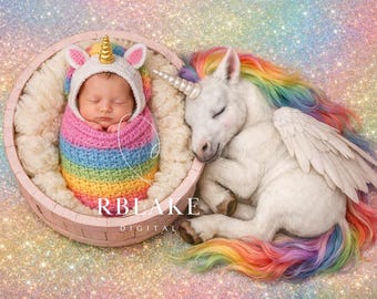 Sfondo digitale unicorno neonato, accessorio fotografico sognante per bambina dai colori pastello, sfondo unicorno arcobaleno neonato addormentato, pony composito fantasy