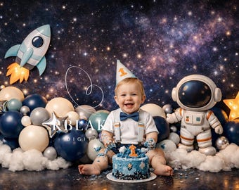 Sfondo per cake smash con arco di palloncini spaziali, sfondo per il primo compleanno a tema astronauta, cake smash per neonato a tema galassia, ghirlanda di palloncini a forma di razzo e stella.