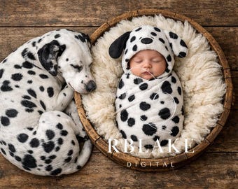 Sfondo digitale per neonati con cestino per cani, sfondo composito per neonati con cucciolo di dalmata, sfondo rustico in legno per fotografia di neonati, animale domestico, animale
