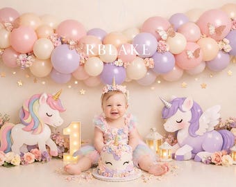 Fondo para sesión de fotos de cumpleaños con arco de globos de unicornio en tonos pastel, fondo para fotos de niña de 1er cumpleaños, decoración mágica para fiesta de unicornio, guirnalda de globos florales.