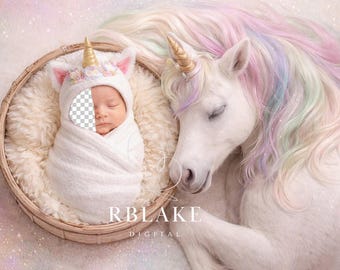 Sfondo digitale unicorno neonato, accessorio fotografico sognante per bambina dai colori pastello, sfondo per neonato con viso arcobaleno, pony composito fantasy