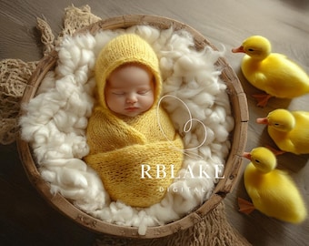 Sfondo digitale con anatroccolo appena nato, pulcino primaverile, sfondo con cestino di Pasqua, composizione di anatroccolo giallo appena nato, sfondo rustico con nido di lana