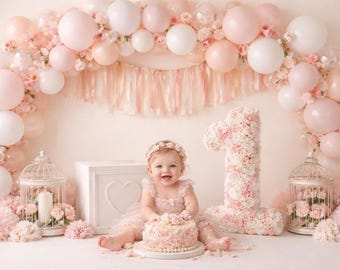 Fondo para sesión de fotos con arco de globos rosa rubor, fondo digital floral para el primer cumpleaños, primer cumpleaños de niña, decoración de fiesta con flores en tonos pastel