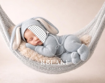 Sfondo digitale per neonati con coniglietto blu amaca, inserto per viso del bambino, accessorio in maglia neutro, sovrapposizione, sfondo per fotografia di neonati maschio