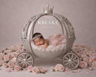 Fondo digital para recién nacidos con carruaje de princesa plateado, corona de lujo para bebé niña, accesorio de fotografía floral rosa, fondo de cuento de hadas para bebés, rosa