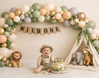 Arco di palloncini a tema "Wild One" per il primo compleanno, sfondo digitale safari per il primo compleanno, ghirlanda di palloncini neutra a tema giungla, primo compleanno per bambino.