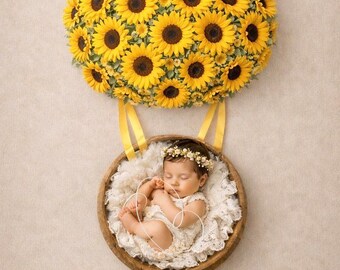 Sfondo fotografico per neonati con mongolfiera e girasoli, sfondo digitale primaverile per bambini, composizione di fiori e palloncini, accessorio fotografico giallo per bambina.