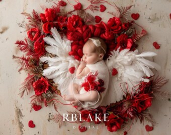 Fondo digital para recién nacidos de San Valentín, fondo de corazón rojo, accesorio romántico para sesión de fotos de bebés, alas de ángel florales, composición de Photoshop, pétalos de rosa