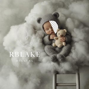 May include: A newborn baby wearing a gray knit bear costume, including a hat and jumpsuit, is nestled on a cloud-like surface. The baby is holding a small beige teddy bear. The image has a soft, dreamy aesthetic, with the text "RBLAKE DIGITAL" in the lower left.