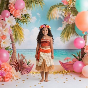Digital bakgrund med ballongbåge för öflicka, tropisk strandfest, ballonggirlansbakgrund, luau-födelsedagsdekor, havstema, tårta smash