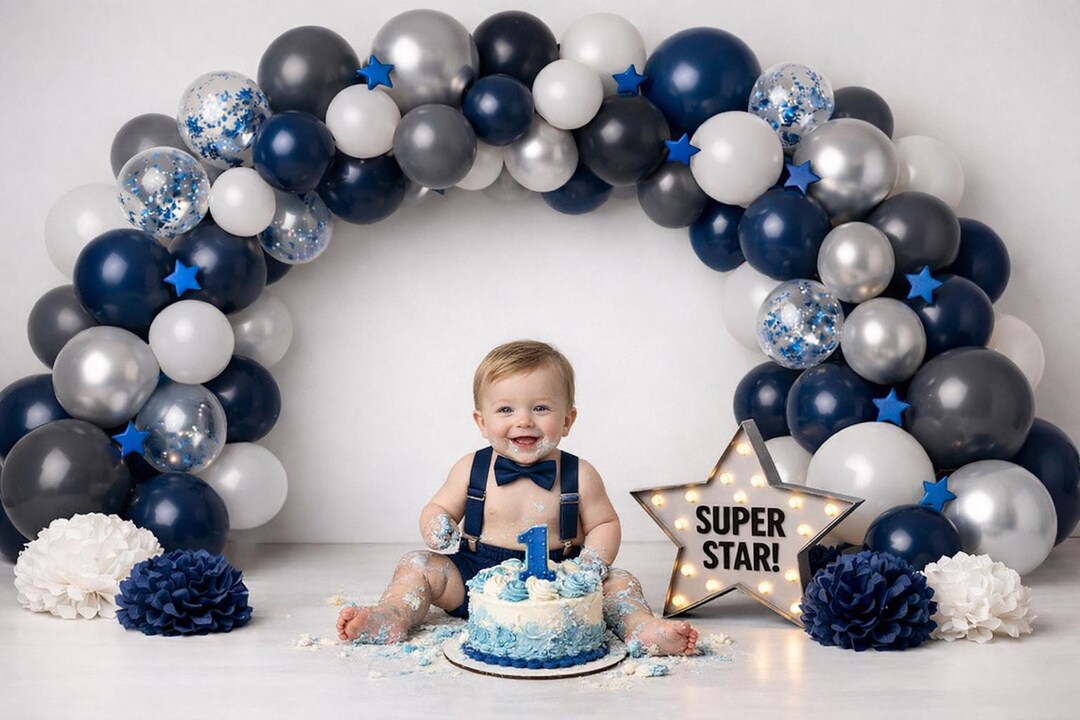 Blue Balloon Arch Cake Smash Backdrop, Boy First Birthday Backdrop, One ...