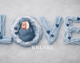 Sfondo digitale con inserto viso neonato blu LOVE, sfondo composito per bambini, oggetto di scena, cuore, fotografia, servizio fotografico, scandinavo, boho, cestino per bambino