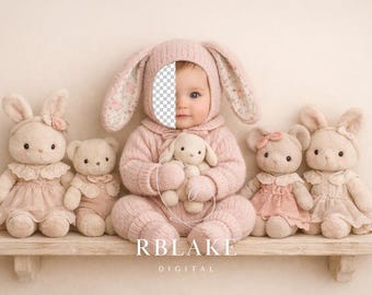 Fondo digital con diseño de conejito para recién nacido, inserción de cara de bebé rosa, configuración de estante neutro, composición de juguete suave, superposición de Photoshop, niña