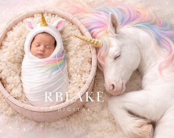 Sfondo digitale unicorno neonato, accessorio fotografico sognante per bambina dai colori pastello, sfondo unicorno arcobaleno neonato addormentato, pony composito fantasy