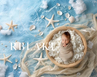 Sfondo digitale per neonati sulla spiaggia, oceano, servizio fotografico per bambini, conchiglia, stella marina, composizione per neonati, blu, accessorio fotografico per neonati, neutro