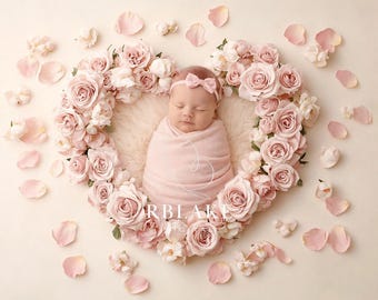 Sfondo digitale per neonati con cuori floreali rosa, sfondo fotografico per bambina, accessorio a forma di cuore con rose, cornice floreale rosa tenue, composizione per neonati
