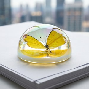 Puede incluir: Un pisapapeles transparente en forma de cúpula encierra una mariposa amarilla. Las alas de la mariposa están extendidas, mostrando sus intrincados detalles. El pisapapeles se encuentra sobre una pila de papel blanco, con un paisaje urbano borroso al fondo.