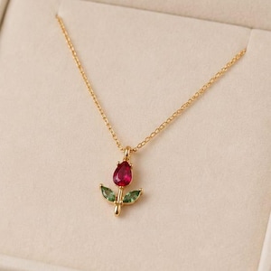 Collar de rubí natural, collar de hoja verde, joyería floral, regalo romántico para ella.