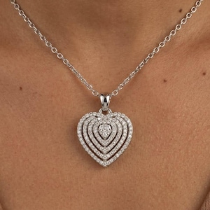 Sterling Silver Layered Heart Pendant Necklace, Pavé Cubic Zirconia Statement Jewelry