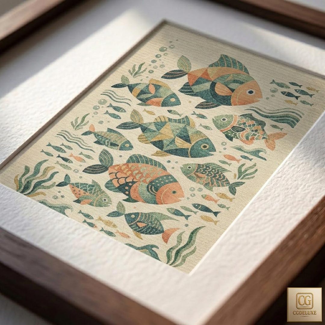 Abstract Fish Geo Abstract Fish Poster, Geometric Marine Wall Art, Deep Sea Serenade ...