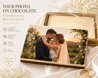 Tableta de chocolate belga con foto personalizada – Recuerdo de boda o regalo de cumpleaños personalizado. 32 g, 107 x 78 x 12 mm.
