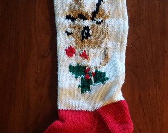 Hand knit reindeer Christmas stocking made with acrylic  yarn free shipping