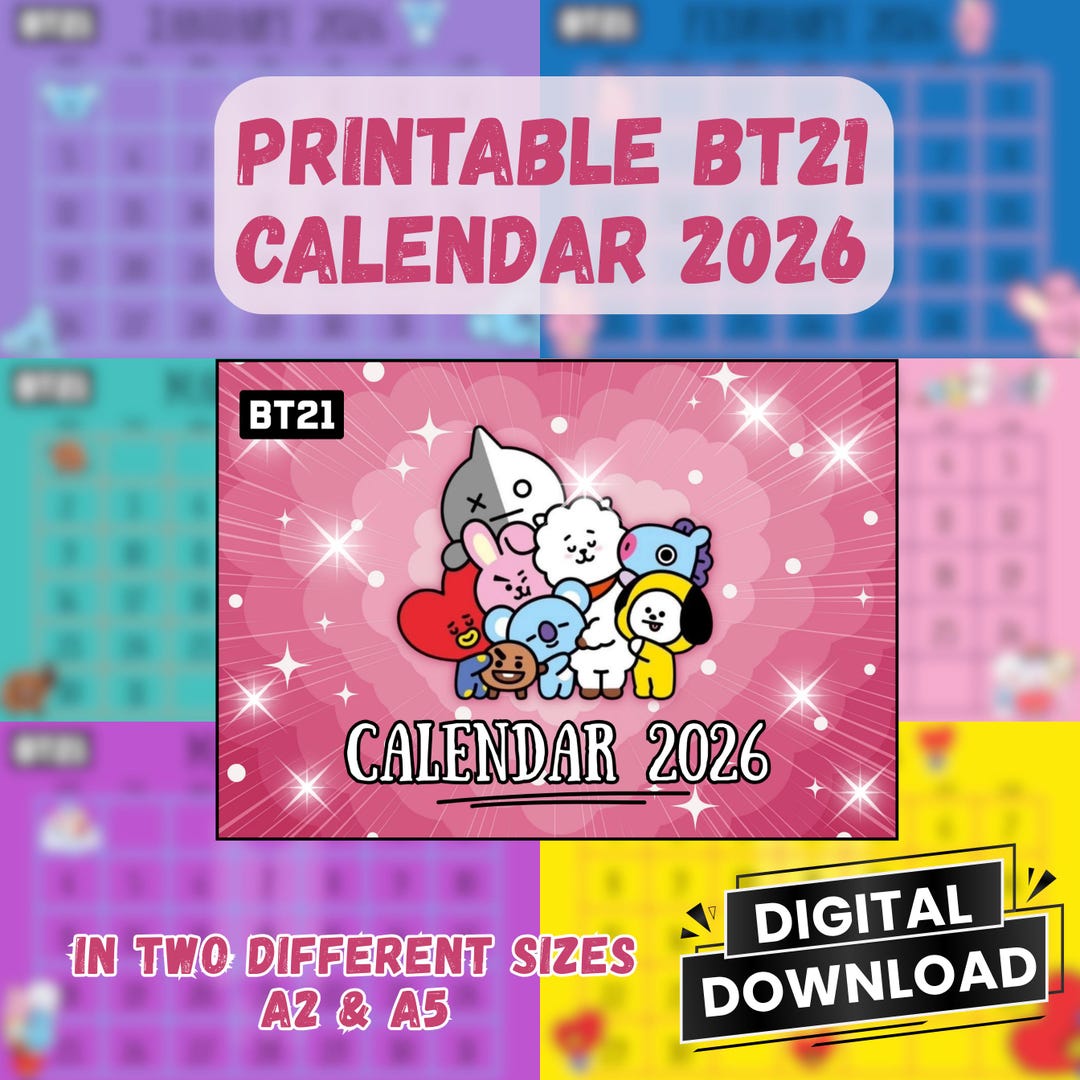 BT21 2026 Printable Calendar Cute Kawaii BTS Characters Monthly Planner ...